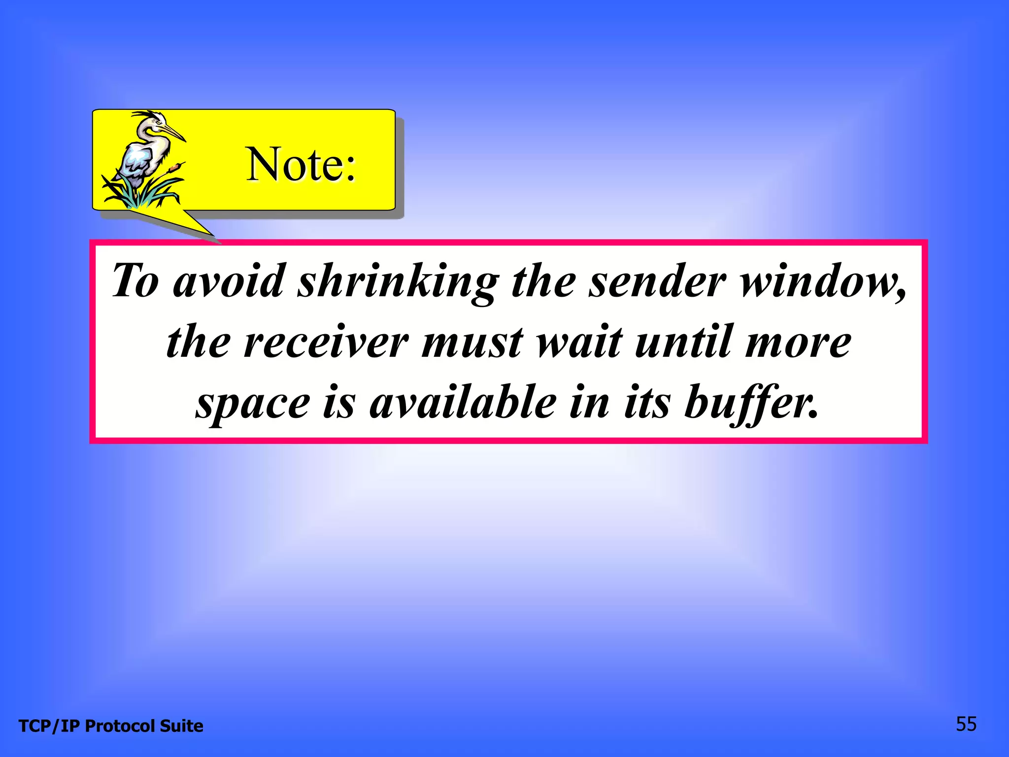 Note: 
To avoid shrinking the sender window, 
the receiver must wait until more 
space is available in its buffer. 
TCP/IP Protocol Suite 55 
 
