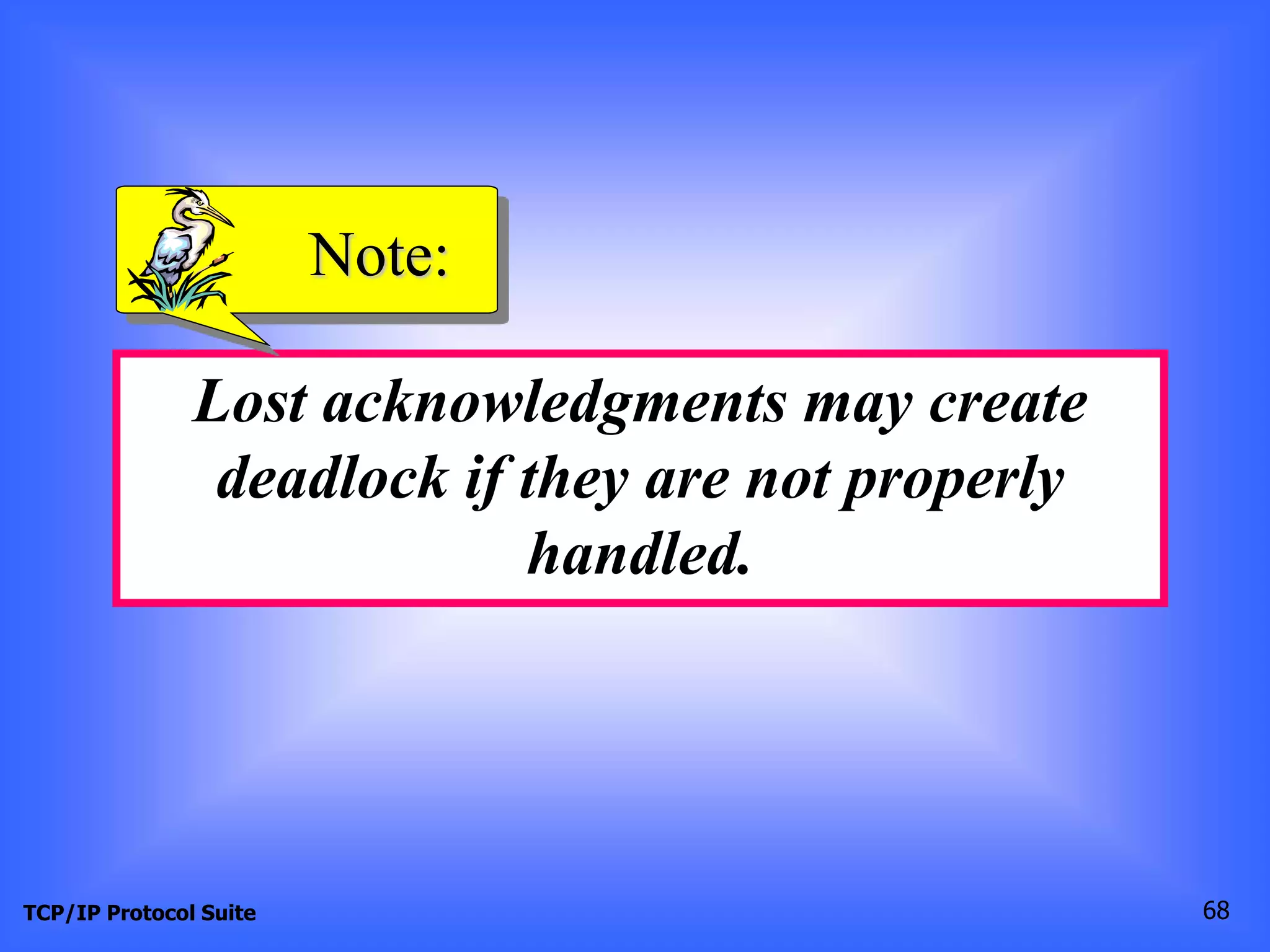 Note: 
Lost acknowledgments may create 
deadlock if they are not properly 
handled. 
TCP/IP Protocol Suite 68 
 