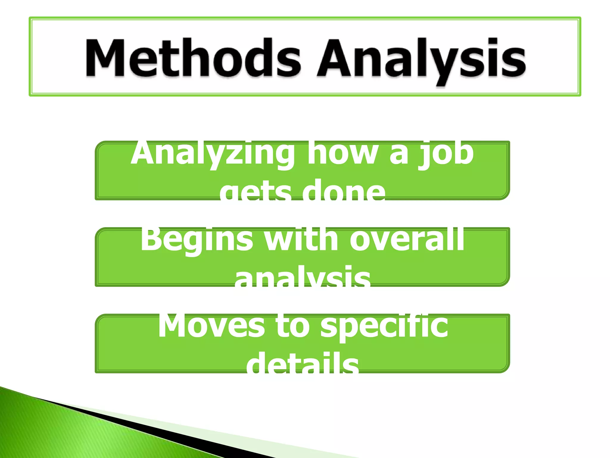 Analyzing how a job
gets done
Begins with overall
analysis
Moves to specific
details

 