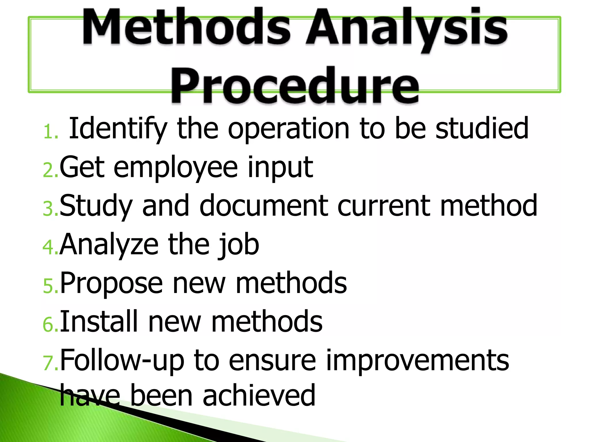 Identify the operation to be studied
2.Get employee input
3.Study and document current method
4.Analyze the job
5.Propose new methods
6.Install new methods
7.Follow-up to ensure improvements
have been achieved
1.

 