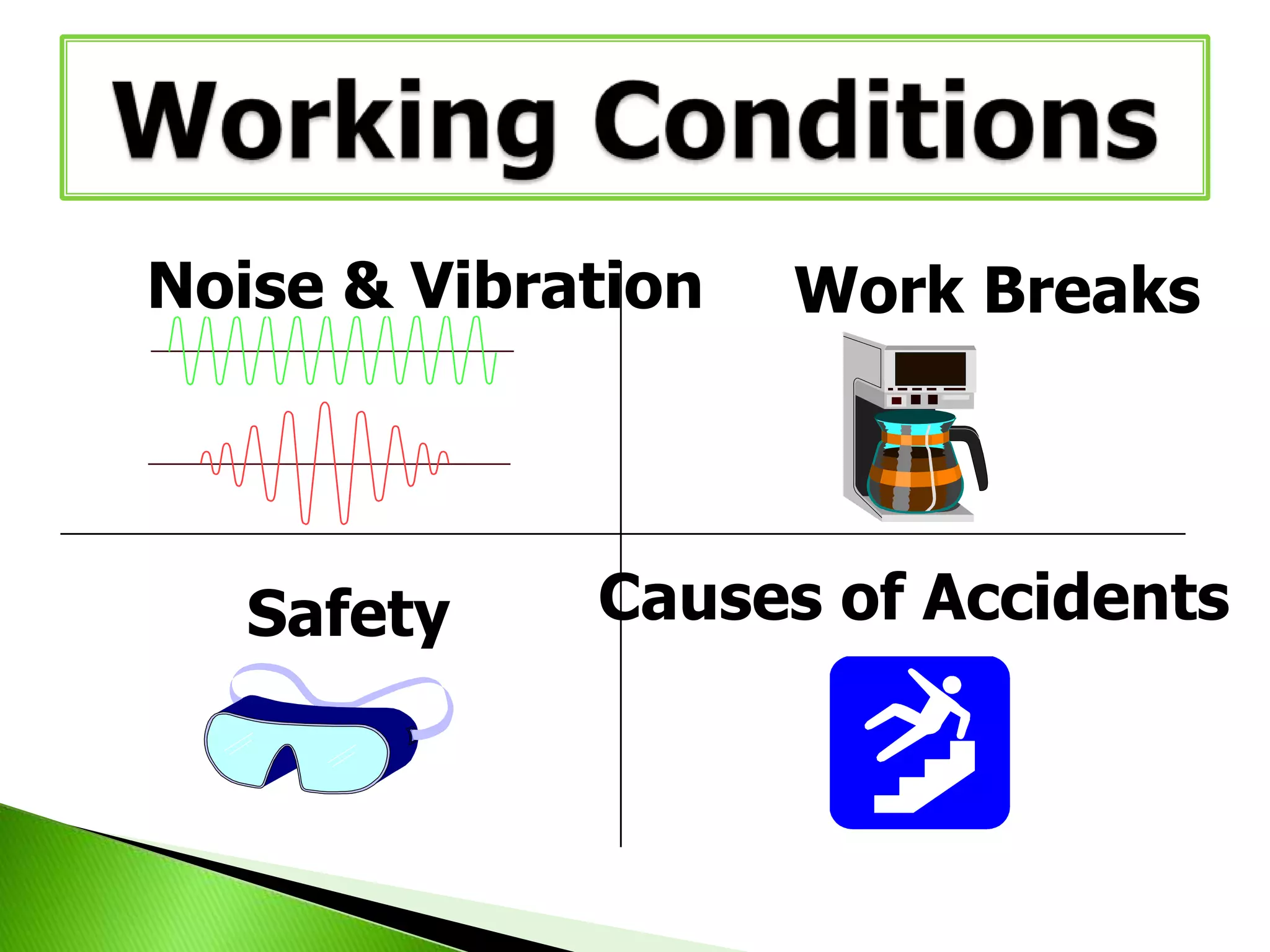 Noise & Vibration

Safety

Work Breaks

Causes of Accidents

 