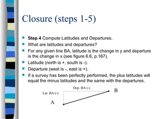 Closure (steps 1-5)







Step 4 Compute Latitudes and Departures.
What are latitudes and departures?
For any given line BA, latitude is the change in y and departure
is the change in x (see figure 6.6, p.167).
Latitude (north is +, south is -).
Departure (west is -, east is +).
If a survey has been perfectly performed, the plus latitudes will
equal the minus latitudes and the same with the departures.
Dep. BA (-)
Lat. BA (-)

A

B

 