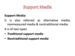 Support Media:
It is also referred as alternative media,
   nonmeasured media & nontraditional media.
It is of two types
• Traditional support media
• Nontraditional support media
 
