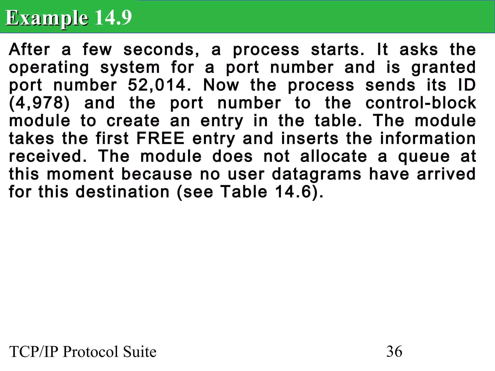 Example 14.9
After a few seconds, a process starts. It asks the
operating system for a port number and is granted
port number 52,014. Now the process sends its ID
(4,978) and the port number to the control-block
module to create an entry in the table. The module
takes the first FREE entry and inserts the information
received. The module does not allocate a queue at
this moment because no user datagrams have arrived
for this destination (see Table 14.6).




TCP/IP Protocol Suite                      36
 