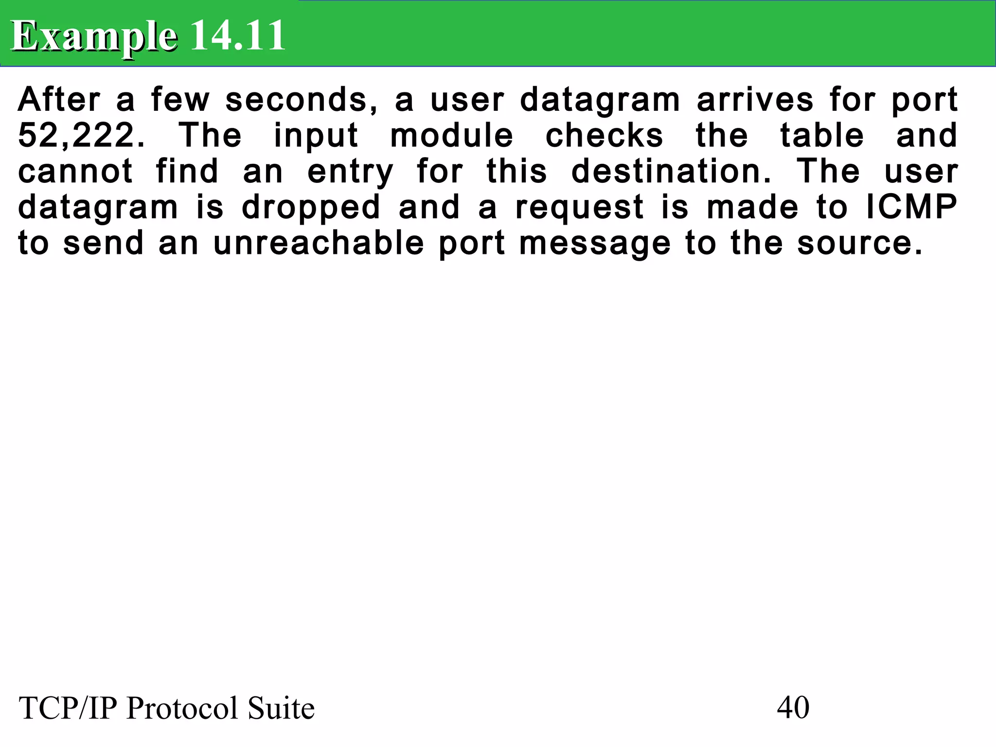 Example 14.11
After a few seconds, a user datagram arrives for port
52,222. The input module checks the table and
cannot find an entry for this destination. The user
datagram is dropped and a request is made to ICMP
to send an unreachable port message to the source.




TCP/IP Protocol Suite                     40
 