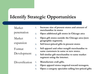 Identify Strategic Opportunities
Market
penetration
1. Increase size of present stores and amount of
merchandize in stores
2. Open additional gift stores in Chicago area
Market
expansion
1. Open gift stores outside the Chicago area (new
geographic segment).
2. Sell lower-priced gifts in present stores
Format
Development
1. Sell apparel and other nongift merchandise to
same customers in same or new stores.
2. Sell similar gift merchandise to same market
segment using the internet.
Diversification 1. Manufacture craft gifts.
2. Open apparel stores targeted toward teenagers.
3. Open a category specialist selling low-priced gifts
 