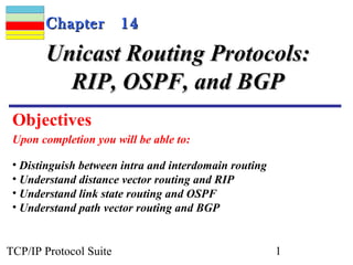 CChhaapptteerr 1144 
UUnniiccaasstt RRoouuttiinngg PPrroottooccoollss:: 
RRIIPP,, OOSSPPFF,, aanndd BBGGPP 
Objectives 
Upon completion you will be able to: 
• Distinguish between intra and interdomain routing 
• Understand distance vector routing and RIP 
• Understand link state routing and OSPF 
• Understand path vector routing and BGP 
TCP/IP Protocol Suite 1 
 