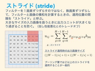 ストライド (stride)
77 80 82 78 70 82 82 140
83 78 80 83 82 77 94 151
87 82 81 80 74 75 112 152
87 87 85 77 66 99 151 167
84 79 77 78 76 107 162 160
86 72 70 72 81 151 166 151
78 72 73 73 107 166 170 148
76 76 77 84 147 180 168 142
フィルターを１画素ずつずらすのではなく、数画素ずつずらし
て、フィルターと画像の積和を計算するときの、適用位置の間
隔を「ストライド」と呼ぶ。
大きなサイズの入力画像を扱うときに出力ユニットが大きくな
り過ぎることを防ぐ。（但し性能悪化とのトレードオフ）
uij =
H 1X
p=0
H 1X
q=0
xsi+p,sj+qhpq
s : ストライド
ストライド適用時の出力画像サイズ
(b(W 1)/sc + 1) ⇥ (b(W 1)/sc + 1)
プーリング層では２以上のストライドを
適用することが一般的
 