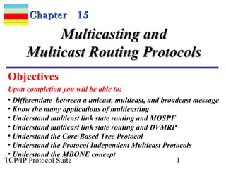 CChhaapptteerr 1155 
MMuullttiiccaassttiinngg aanndd 
MMuullttiiccaasstt RRoouuttiinngg PPrroottooccoollss 
Objectives 
Upon completion you will be able to: 
• Differentiate between a unicast, multicast, and broadcast message 
• Know the many applications of multicasting 
• Understand multicast link state routing and MOSPF 
• Understand multicast link state routing and DVMRP 
• Understand the Core-Based Tree Protocol 
• Understand the Protocol Independent Multicast Protocols 
• Understand the MBONE concept 
TCP/IP Protocol Suite 1 
 