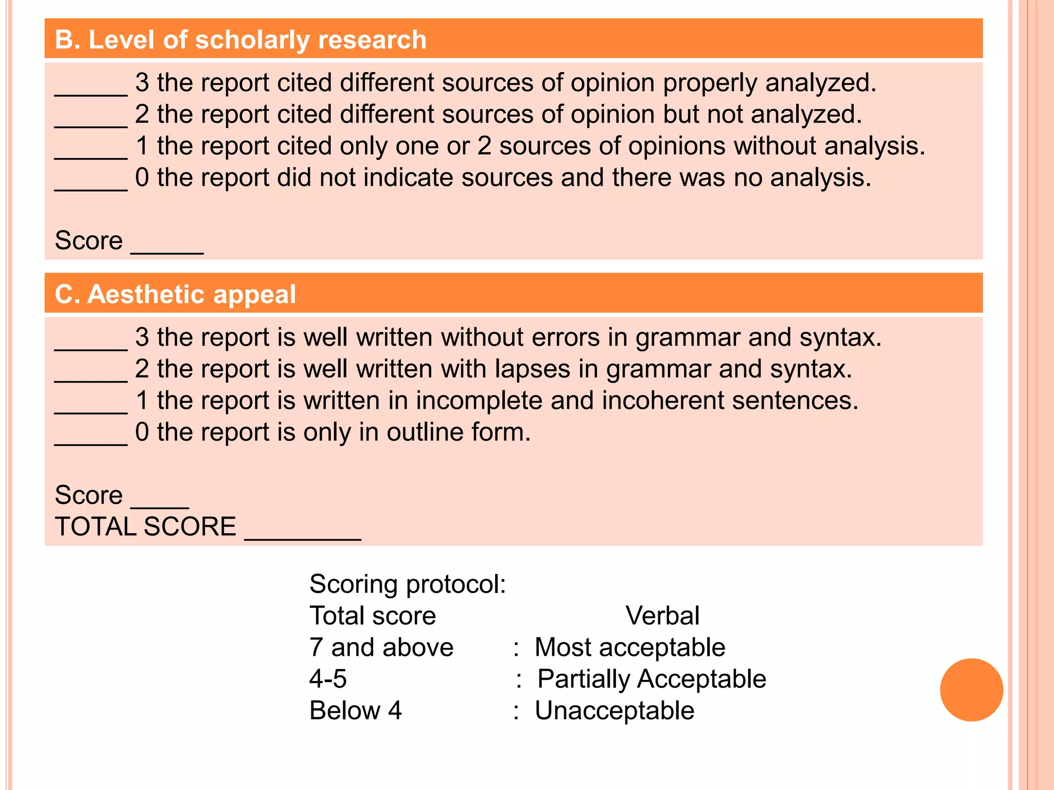 B. Level of scholarly research
_____ 3 the report cited different sources of opinion properly analyzed.
_____ 2 the report cited different sources of opinion but not analyzed.
_____ 1 the report cited only one or 2 sources of opinions without analysis.
_____ 0 the report did not indicate sources and there was no analysis.
Score _____
C. Aesthetic appeal
_____ 3 the report is well written without errors in grammar and syntax.
_____ 2 the report is well written with lapses in grammar and syntax.
_____ 1 the report is written in incomplete and incoherent sentences.
_____ 0 the report is only in outline form.
Score ____
TOTAL SCORE ________
Scoring protocol:
Total score Verbal
7 and above : Most acceptable
4-5 : Partially Acceptable
Below 4 : Unacceptable
 
