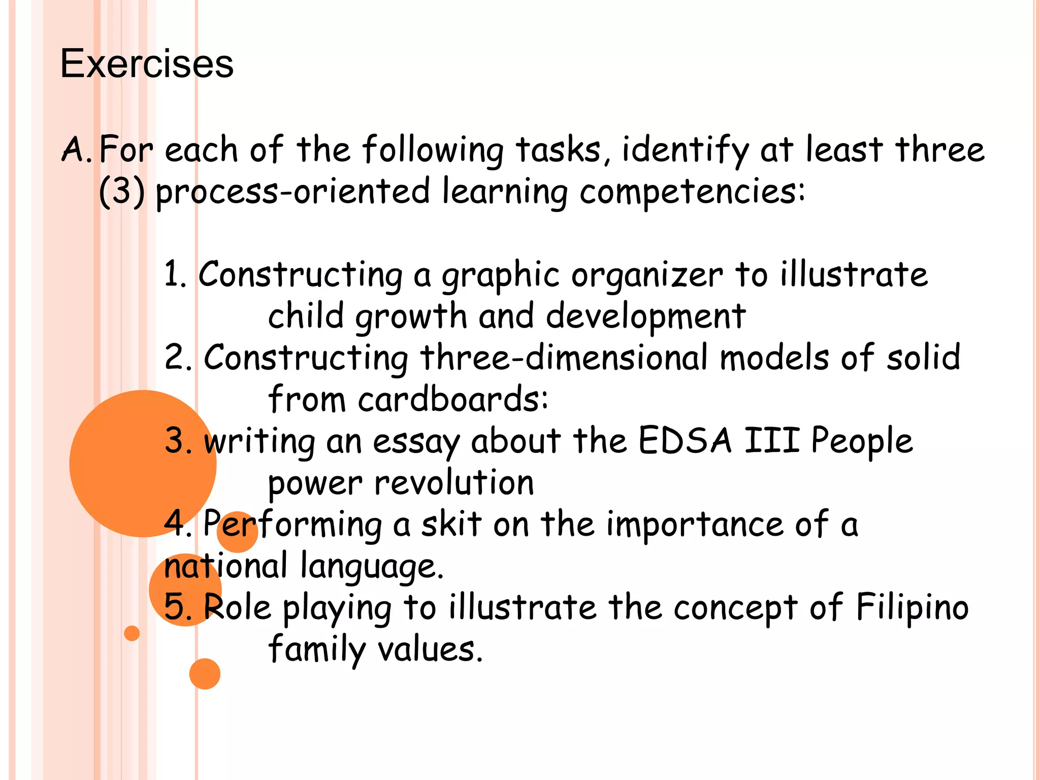 Exercises
A.For each of the following tasks, identify at least three
(3) process-oriented learning competencies:
1. Constructing a graphic organizer to illustrate
child growth and development
2. Constructing three-dimensional models of solid
from cardboards:
3. writing an essay about the EDSA III People
power revolution
4. Performing a skit on the importance of a
national language.
5. Role playing to illustrate the concept of Filipino
family values.
 