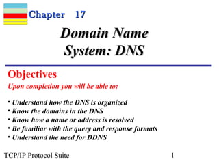 CChhaapptteerr 1177 
DDoommaaiinn NNaammee 
SSyysstteemm:: DDNNSS 
Objectives 
Upon completion you will be able to: 
• Understand how the DNS is organized 
• Know the domains in the DNS 
• Know how a name or address is resolved 
• Be familiar with the query and response formats 
• Understand the need for DDNS 
TCP/IP Protocol Suite 1 
 