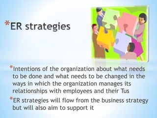 *Intentions of the organization about what needs
to be done and what needs to be changed in the
ways in which the organization manages its
relationships with employees and their Tus
*ER strategies will flow from the business strategy
but will also aim to support it
*
 