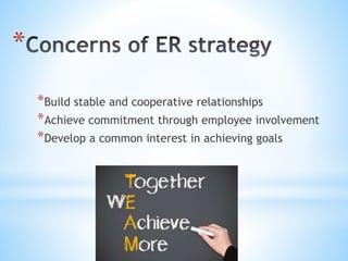 *
*Build stable and cooperative relationships
*Achieve commitment through employee involvement
*Develop a common interest in achieving goals
 