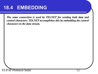 18.4 EMBEDDING 
The same connection is used by TELNET for sending bbootthh ddaattaa aanndd 
ccoonnttrrooll cchhaarraacctteerrss.. TTEELLNNEETT aaccccoommpplliisshheess tthhiiss bbyy eemmbbeeddddiinngg tthhee ccoonnttrrooll 
cchhaarraacctteerrss iinn tthhee ddaattaa ssttrreeaamm.. 
TCP/IP Protocol Suite 12 
 