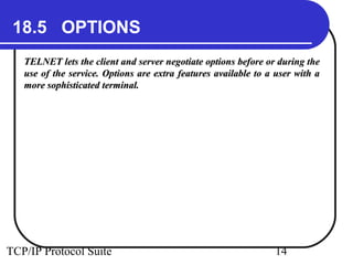 18.5 OPTIONS 
TELNET lets the client and server negotiate options bbeeffoorree oorr dduurriinngg tthhee 
uussee ooff tthhee sseerrvviiccee.. OOppttiioonnss aarree eexxttrraa ffeeaattuurreess aavvaaiillaabbllee ttoo aa uusseerr wwiitthh aa 
mmoorree ssoopphhiissttiiccaatteedd tteerrmmiinnaall.. 
TCP/IP Protocol Suite 14 
 