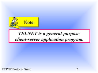 NNoottee:: 
TELNET is a general-purpose 
client-server application program. 
TCP/IP Protocol Suite 2 
 