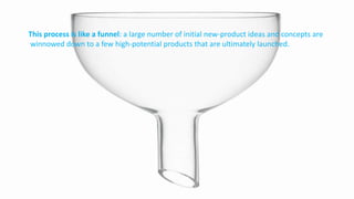 This process is like a funnel: a large number of initial new-product ideas and concepts are
winnowed down to a few high-potential products that are ultimately launched.
 