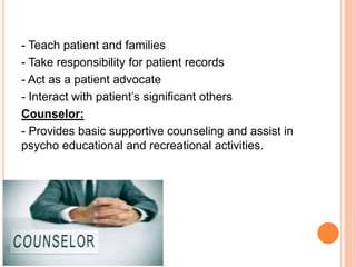 - Teach patient and families
- Take responsibility for patient records
- Act as a patient advocate
- Interact with patient’s significant others
Counselor:
- Provides basic supportive counseling and assist in
psycho educational and recreational activities.
 