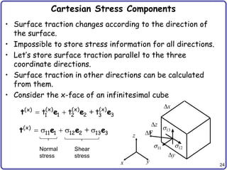 24
Cartesian Stress Components
• Surface traction changes according to the direction of
the surface.
• Impossible to store stress information for all directions.
• Let’s store surface traction parallel to the three
coordinate directions.
• Surface traction in other directions can be calculated
from them.
• Consider the x-face of an infinitesimal cube
11 12
13
x y
z
x
y
z
F
(x) (x) (x)
(x)
1 2 3
1 2 3
t t t
 
t e e e
+
(x)
11 1 12 2 13 3
    
t e e e
+
Normal
stress
Shear
stress
 