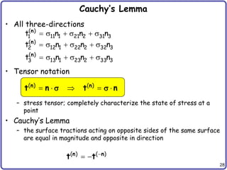 28
Cauchy’s Lemma
• All three-directions
• Tensor notation
– stress tensor; completely characterize the state of stress at a
point
• Cauchy’s Lemma
– the surface tractions acting on opposite sides of the same surface
are equal in magnitude and opposite in direction
( )
12 1 22 2 32 3
2
( )
13 1 23 2 33 3
3
t n n n
t n n n
     
     
n
n
( )
11 1 21 2 31 3
1
t n n n
     
n
( ) ( )
    
n n
t n t n
 

 
( ) ( )
n n
t t
 