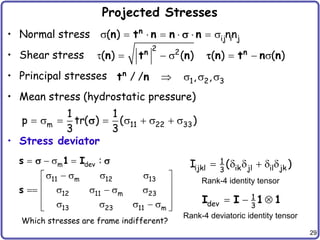29
Projected Stresses
• Normal stress
• Shear stress
• Principal stresses
• Mean stress (hydrostatic pressure)
• Stress deviator
ij i j
( ) nn
       
n
n t n n n

2 2
( ) ( ) ( ) ( )
      
n n
n t n n t n n

1 2 3
/ / , ,
   
n
t n
m dev
11 m 12 13
12 11 m 23
13 23 11 m
:
   
    
 
 
     
 
 
    
 
s 1 I
s
 
Which stresses are frame indifferent?
m 11 22 33
1 1
p tr( ) ( )
3 3
        

1
dev 3
  
I I 1 1
1
ijkl ik jl il jk
3
I ( )
     
Rank-4 identity tensor
Rank-4 deviatoric identity tensor
 