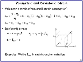 34
Volumetric and Deviatoric Strain
• Volumetric strain (from small strain assumption)
• Deviatoric strain
0
V 11 22 33 11 22 33
0
V V
(1 )(1 )(1 ) 1
V

               
V 11 22 33 kk
        
1 1
V ij ij V ij
3 3
e
       
e 1

dev :

e I 
x2
x3
x1
1
e11
e22
e33
1
1
Exercise: Write Idev in matrix-vector notation
 