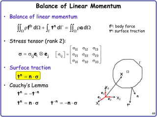 44
Balance of Linear Momentum
• Balance of linear momentum
• Stress tensor (rank 2):
• Surface traction
• Cauchy’s Lemma
b
d d d
  
      
  
n
f t a
ij i j
  
e e

11 12 13
ij 21 22 23
31 32 33
  
 
 
 
    
   
 
  
 
 
n
t n 

 
n n
t t

    
n n
t n t n
 


n
tn
X1
X2
X3
e1 e2
e3
X
fb: body force
tn: surface traction
 