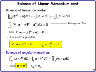 45
Balance of Linear Momentum cont
• Balance of linear momentum
– For a static problem
• Balance of angular momentum
b
( )d d d
  
           
  
f a n  
b
[ ( )]d 0

      
 f a

b
( ) 0
     
f a

b b
ij,i j
0 f 0
        
f

b
d d d
  
         
  
n
x f x t x a
T
ij ji
   
 
Divergence Thm
 