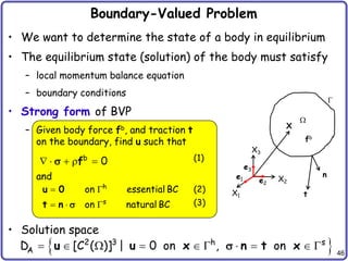 46
Boundary-Valued Problem
• We want to determine the state of a body in equilibrium
• The equilibrium state (solution) of the body must satisfy
– local momentum balance equation
– boundary conditions
• Strong form of BVP
– Given body force fb, and traction t
on the boundary, find u such that
and
• Solution space
h
s
on essential BC
on natural BC
 
  
u 0
t n 
b
0
    
f
 (1)
(2)
(3)


n
t
X1
X2
X3
e1 e2
e3
X
fb
 
2 3 h s
A
D [C ( )] | 0 on , on
         
u u x n t x

 