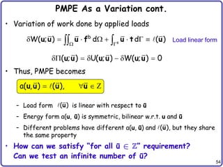 54
PMPE As a Variation cont.
• Variation of work done by applied loads
• Thus, PMPE becomes
– Load form is linear with respect to ū
– Energy form a(u, ū) is symmetric, bilinear w.r.t. u and ū
– Different problems have different a(u, ū) and , but they share
the same property
• How can we satisfy “for all ū ” requirement?
Can we test an infinite number of ū?
s
b
W( ; ) d d ( )
 
       
 
u u u f u t u
a( , ) ( ),
  
u u u u Z
( )
u
( )
u
( ; ) U( ; ) W( ; ) 0
     
u u u u u u
Load linear form
 