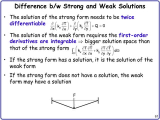 61
Difference b/w Strong and Weak Solutions
• The solution of the strong form needs to be twice
differentiable
• The solution of the weak form requires the first-order
derivatives are integrable bigger solution space than
that of the strong form
• If the strong form has a solution, it is the solution of the
weak form
• If the strong form does not have a solution, the weak
form may have a solution
F
y
x
T
T k Q 0
k
y
x y
x

   

    
   

 
 
  
x y
T T T T
k k d
x x y y

 
   
 
 
   
 

 