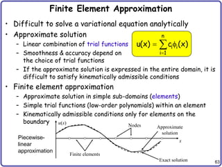 63
Finite Element Approximation
• Difficult to solve a variational equation analytically
• Approximate solution
– Linear combination of trial functions
– Smoothness & accuracy depend on
the choice of trial functions
– If the approximate solution is expressed in the entire domain, it is
difficult to satisfy kinematically admissible conditions
• Finite element approximation
– Approximate solution in simple sub-domains (elements)
– Simple trial functions (low-order polynomials) within an element
– Kinematically admissible conditions only for elements on the
boundary
n
i i
i 1
u(x) c (x)

 f

Exact solution
Approximate
solution
x
u(x)
Finite elements
Nodes
Piecewise-
linear
approximation
 