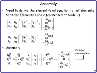 71
Assembly
• Need to derive the element-level equation for all elements
• Consider Elements 1 and 2 (connected at Node 2)
• Assembly
(1) (1)
1
11 12 1 1
2 2
21 22
2
du
(x )
k k u f dx
u f du
k k (x )
dx
 

 
     
 
     
 
   
   

 
(2) (2)
2
2 2
11 12
3 3
21 22
3
du
(x )
u f
k k dx
u f du
k k (x )
dx
 

 
     
 
     
 
   
   

 
(1) (1) (1)
1
11 12 1
1
(1) (1) (2) (2) (1) (2)
2
21 22 11 12 2 2
(2) (2) (2)
3
21 22 3
3
du
(x )
k k 0 f
u dx
k k k k u f f 0
u du
0 k k f (x )
dx
 

     
 
     
   
   
       
       
 
     
   
 
Vanished
unknown term
 