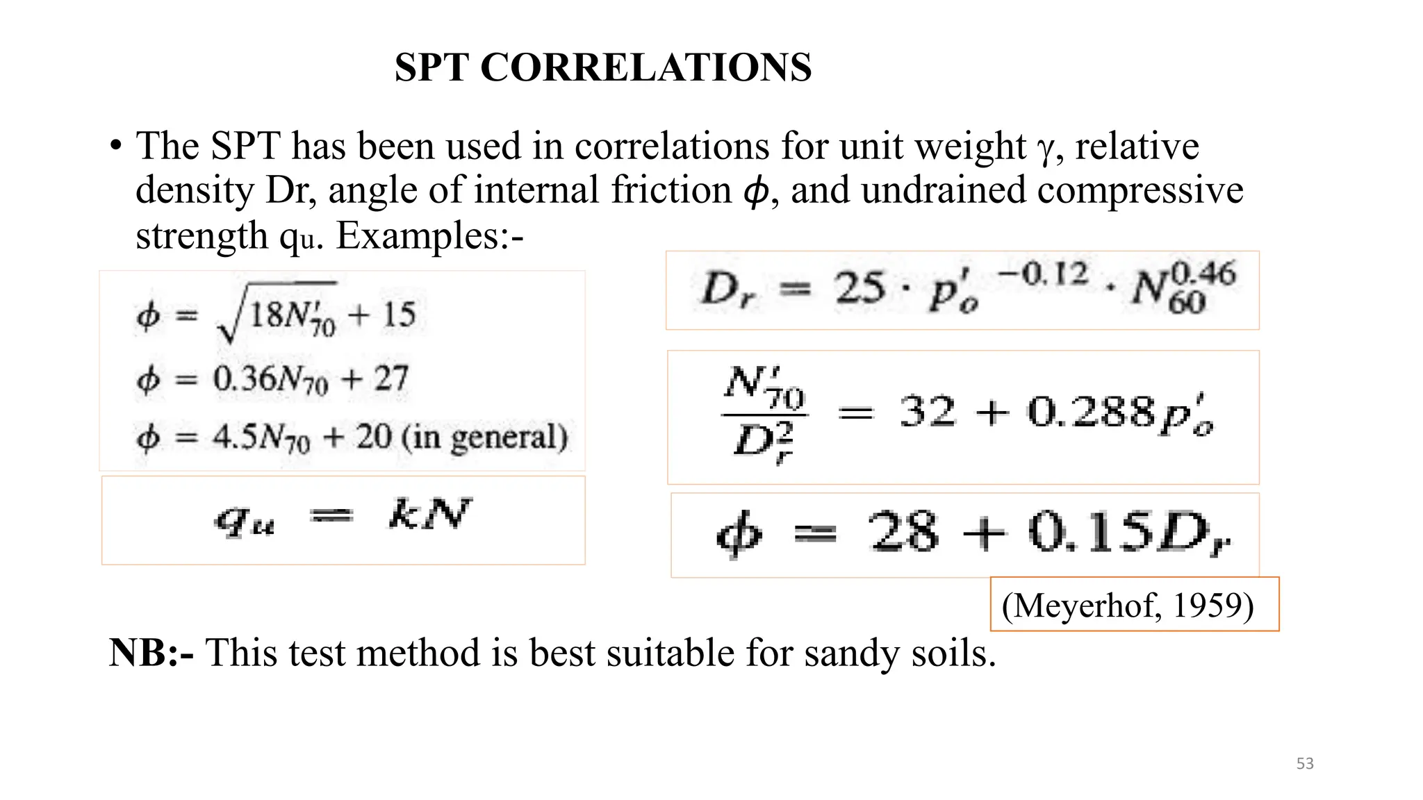 SPT CORRELATIONS
• The SPT has been used in correlations for unit weight , relative
density Dr, angle of internal friction ɸ, and undrained compressive
strength qu. Examples:-
NB:- This test method is best suitable for sandy soils.
(Meyerhof, 1959)
53
 
