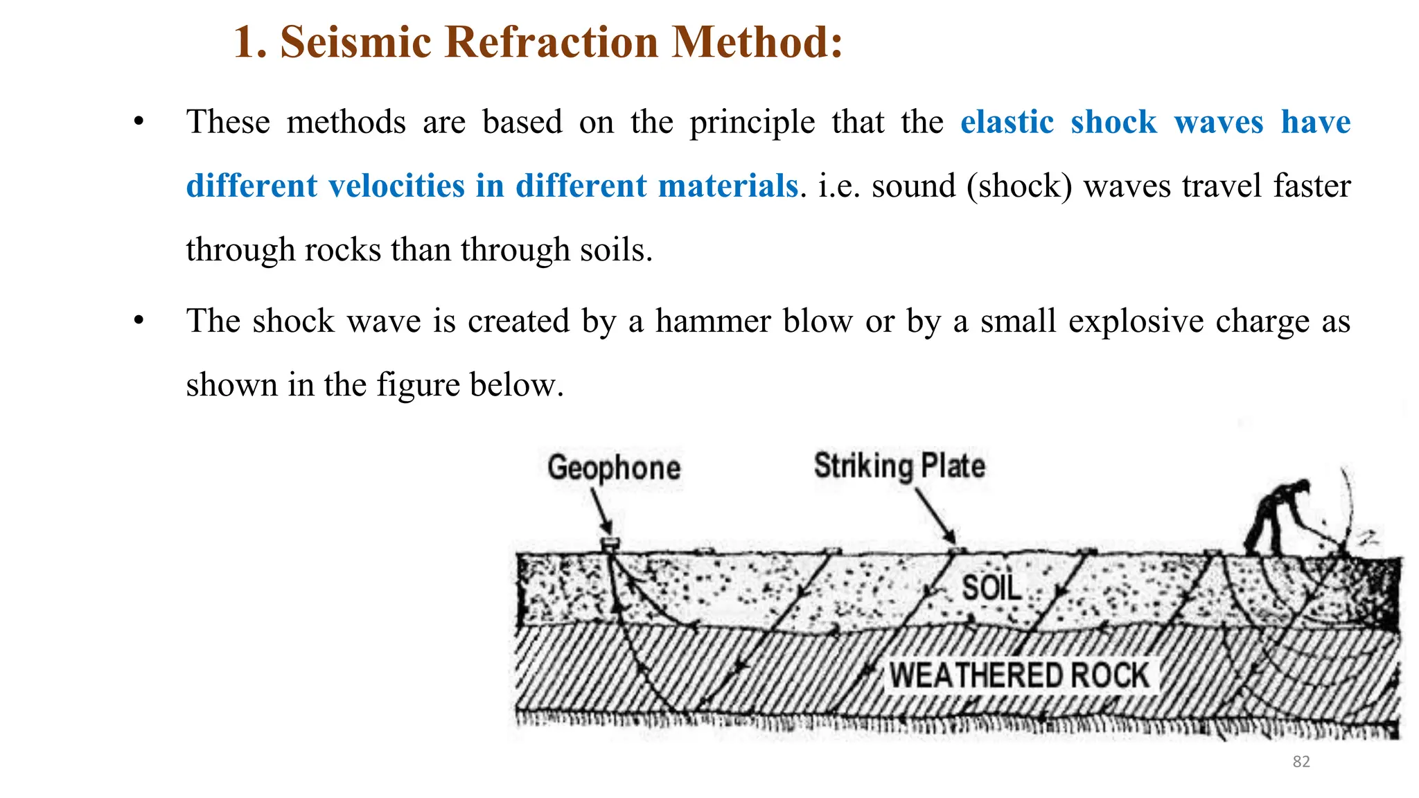 1. Seismic Refraction Method:
• These methods are based on the principle that the elastic shock waves have
different velocities in different materials. i.e. sound (shock) waves travel faster
through rocks than through soils.
• The shock wave is created by a hammer blow or by a small explosive charge as
shown in the figure below.
82
 