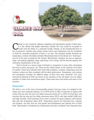 C
limate is very crucial for optimum vegetative and reproductive growth of litchi trees.
It is the climate that largely determines whether this crop would be successful or
would meet the failure in a particular locality. Climate, as the fundamental force in
the environment, includes many factors whose actions and interactions must be considered
in detail for successful production of litchi in an area. The principal climatic elements are
temperature, moisture (humidity) and light. Microclimate refers to the climate of a “small area”,
may be of the area occupied by the orchard. Microclimatic variations are due to exposure,
slope, surrounding vegetation, large water-body in the vicinity, and the thermal capacity and
conductive characteristics of the soil.
	 Litchi is found in a narrow range of climates in comparison to many other sub-tropical
fruit such as citrus and guava, etc. There are few critical studies on the response of the litchi
to weather. These have indicated that under field conditions, sunshine, temperature and soil
moisture content are often correlated with the plant performance. Temperature, soil moisture
and atmospheric humidity for different stages of litchi have been described. The main
commercial plantings of litchi are found at low elevation in the sub-tropics vis-a-vis higher
elevation in tropics and mountainous region. These areas have cool winters and warm to hot
summers.
Temperature
The litchi is one of the most environmentally sensitive fruit tree crops. It is adapted to the
tropics and warm subtropics between 13° to 32°N and 6° to 29°S. It crops best in regions with
winters that are short dry and cool (daily maximums below 20° to 22°C) but frost free, and
summers that are long and hot (daily maximums above 25°C) with high rainfall (1200 mm)
and high humidity. Good protection from wind is required for good cropping. Litchi flowers
best with day temperature below 20o
C. Temperature governs the flowering time, intensity
and duration, sex ratio, fruit set, fruit growth and development and ripening time of litchi
fruits. Total duration of relatively low temperatures has been considered more important than
CLIMATE AND
SOIL
C
HAPTER
2
 
