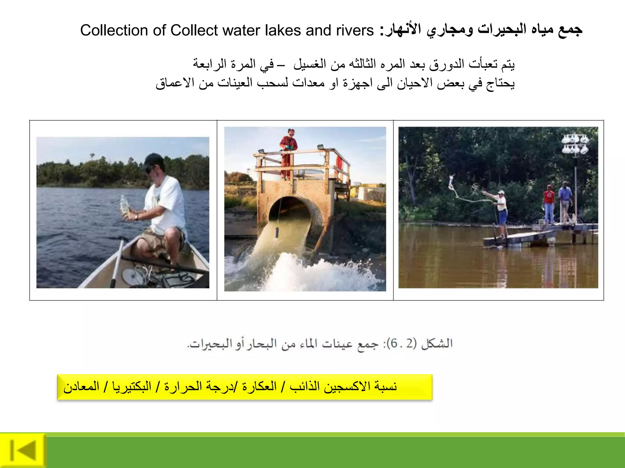‫األنهار‬ ‫ومجاري‬ ‫البحيرات‬ ‫مياه‬ ‫جمع‬
:
Collection of Collect water lakes and rivers
‫الغسيل‬ ‫من‬ ‫الثالثه‬ ‫المره‬ ‫بعد‬ ‫الدورق‬ ‫تعبأت‬ ‫يتم‬
–
‫الرابعة‬ ‫المرة‬ ‫في‬
‫االعماق‬ ‫من‬ ‫العينات‬ ‫لسحب‬ ‫معدات‬ ‫او‬ ‫اجهزة‬ ‫الى‬ ‫االحيان‬ ‫بعض‬ ‫في‬ ‫يحتاج‬
‫الذائب‬ ‫االكسجين‬ ‫نسبة‬
/
‫العكارة‬
/
‫الحرارة‬ ‫درجة‬
/
‫البكتيريا‬
/
‫المعادن‬
 