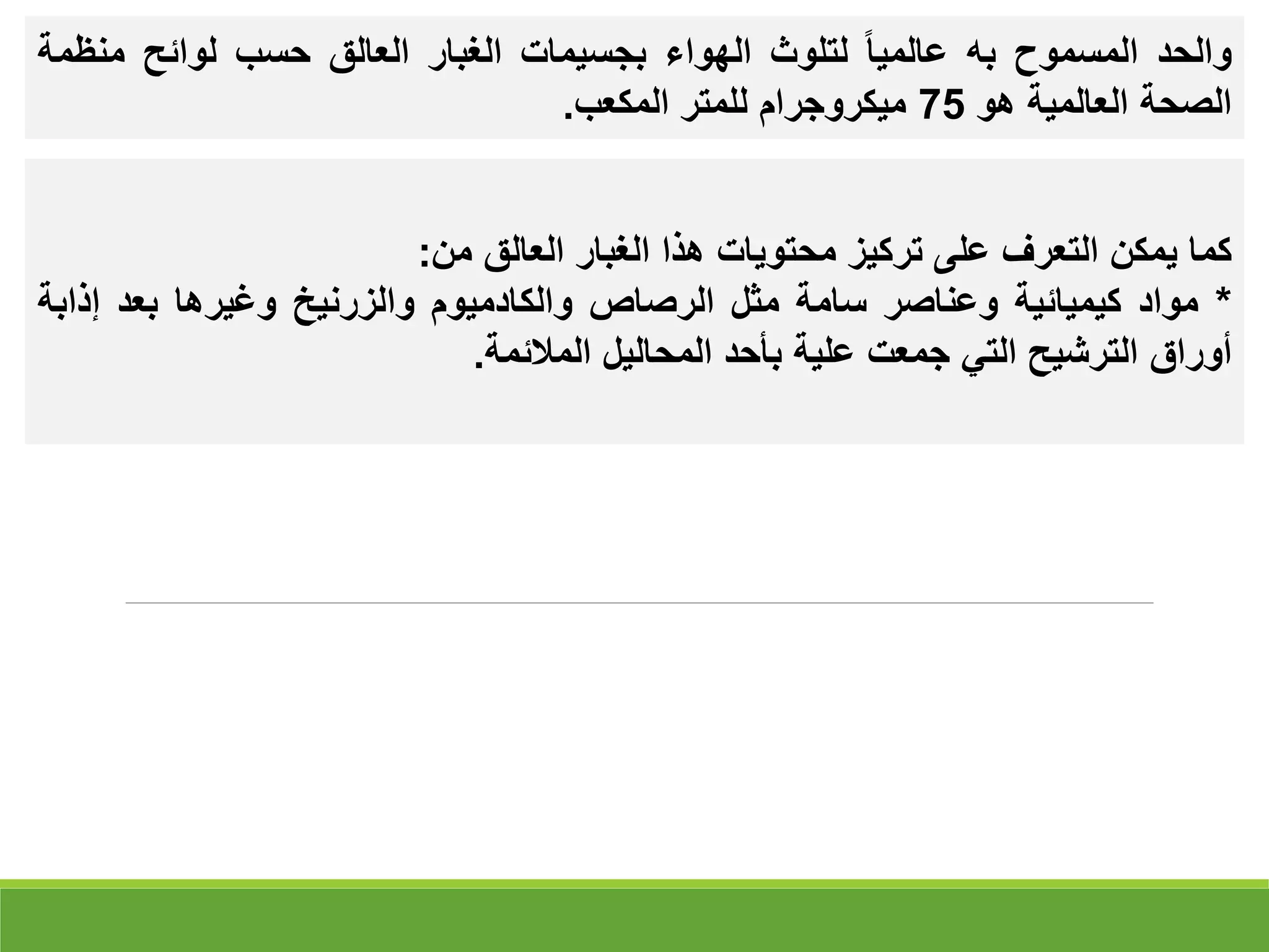 ‫كما‬
‫يمكن‬
‫التعرف‬
‫على‬
‫تركيز‬
‫محتويات‬
‫هذا‬
‫الغبار‬
‫العالق‬
‫من‬
:
*
‫مواد‬
‫كيميائية‬
‫وعناصر‬
‫سامة‬
‫مثل‬
‫الرصاص‬
‫والكادميوم‬
‫والزرنيخ‬
‫وغيرها‬
‫بعد‬
‫إذاب‬
‫ة‬
‫أوراق‬
‫الترشيح‬
‫التي‬
‫جمعت‬
‫علية‬
‫بأحد‬
‫المحاليل‬
‫المالئمة‬
.
‫والحد‬
‫المسموح‬
‫به‬
‫عالميا‬
‫لتلوث‬
‫الهواء‬
‫بجسيمات‬
‫الغبار‬
‫العالق‬
‫حسب‬
‫لوائح‬
‫منظ‬
‫مة‬
‫الصحة‬
‫العالمية‬
‫هو‬
75
‫ميكروجرام‬
‫للمتر‬
‫المكعب‬
.
 