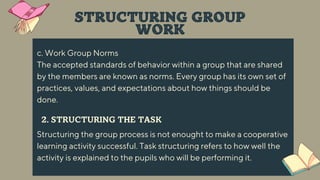 c. Work Group Norms
The accepted standards of behavior within a group that are shared
by the members are known as norms. Every group has its own set of
practices, values, and expectations about how things should be
done.
STRUCTURING GROUP
WORK
2. STRUCTURING THE TASK
Structuring the group process is not enought to make a cooperative
learning activity successful. Task structuring refers to how well the
activity is explained to the pupils who will be performing it.
 