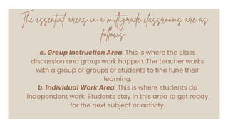 The essential areas in a multigrade classrooms are as
follows:
a. Group Instruction Area. This is where the class
discussion and group work happen. The teacher works
with a group or groups of students to fine tune their
learning.
b. Individual Work Area. This is where students do
independent work. Students stay in this area to get ready
for the next subject or activity.
 