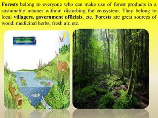 Forests belong to everyone who can make use of forest products in a
sustainable manner without disturbing the ecosystem. They belong to
local villagers, government officials, etc. Forests are great sources of
wood, medicinal herbs, fresh air, etc.
 