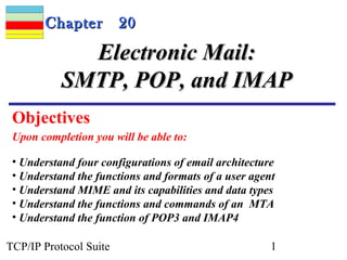 CChhaapptteerr 2200 
EElleeccttrroonniicc MMaaiill:: 
SSMMTTPP,, PPOOPP,, aanndd IIMMAAPP 
Objectives 
Upon completion you will be able to: 
• Understand four configurations of email architecture 
• Understand the functions and formats of a user agent 
• Understand MIME and its capabilities and data types 
• Understand the functions and commands of an MTA 
• Understand the function of POP3 and IMAP4 
TCP/IP Protocol Suite 1 
 