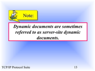 NNoottee:: 
Dynamic documents are sometimes 
referred to as server-site dynamic 
documents. 
TCP/IP Protocol Suite 13 
 