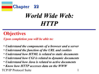 CChhaapptteerr 2222 
WWoorrlldd WWiiddee WWeebb:: 
HHTTTTPP 
Objectives 
Upon completion you will be able to: 
• Understand the components of a browser and a server 
• Understand the function of the URL and cookies 
• Understand how HTML is related to static documents 
• Understand how CGI is related to dynamic documents 
• Understand how Java is related to active documents 
• Know how HTTP accesses data on the WWW 
TCP/IP Protocol Suite 1 
 