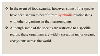  In the event of food scarcity, however, some of the species
have been shown to benefit from symbiotic relationships
with other organisms in their surroundings.
 Although some of the species are restricted to a specific
region, these organisms are widely spread in major oceanic
ecosystems across the world.
 