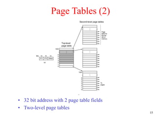 15
Page Tables (2)
• 32 bit address with 2 page table fields
• Two-level page tables
Second-level page tables
Top-level
page table
 