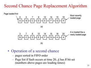 23
Second Chance Page Replacement Algorithm
• Operation of a second chance
– pages sorted in FIFO order
– Page list if fault occurs at time 20, A has R bit set
(numbers above pages are loading times)
 