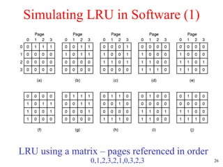26
Simulating LRU in Software (1)
LRU using a matrix – pages referenced in order
0,1,2,3,2,1,0,3,2,3
 