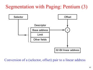 61
Segmentation with Paging: Pentium (3)
Conversion of a (selector, offset) pair to a linear address
 